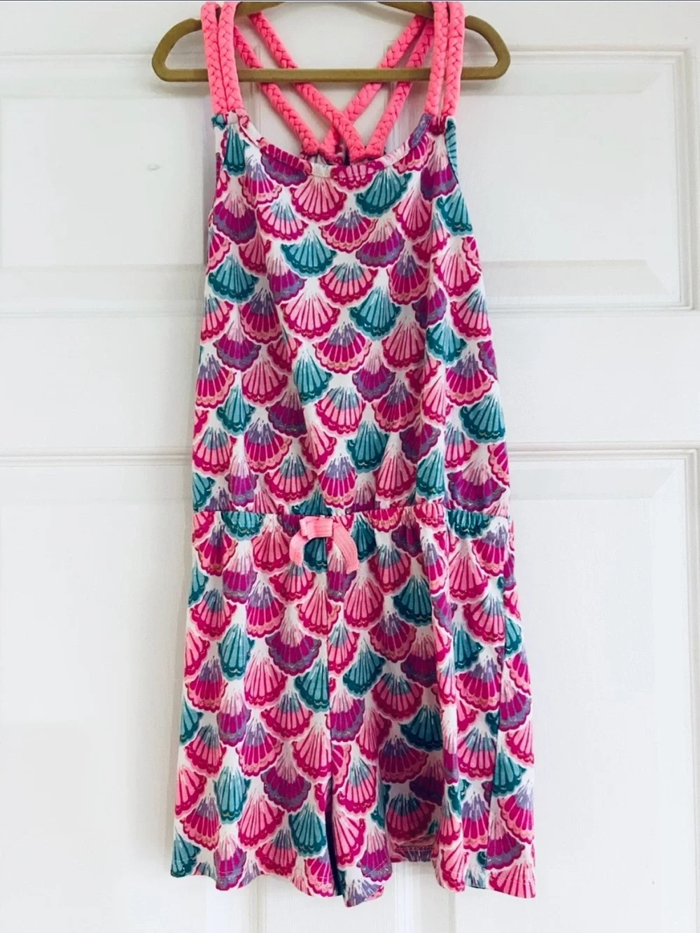 TOMMY BAHAMA Girls Pink/Teal Shell-Print One-Piece Romper